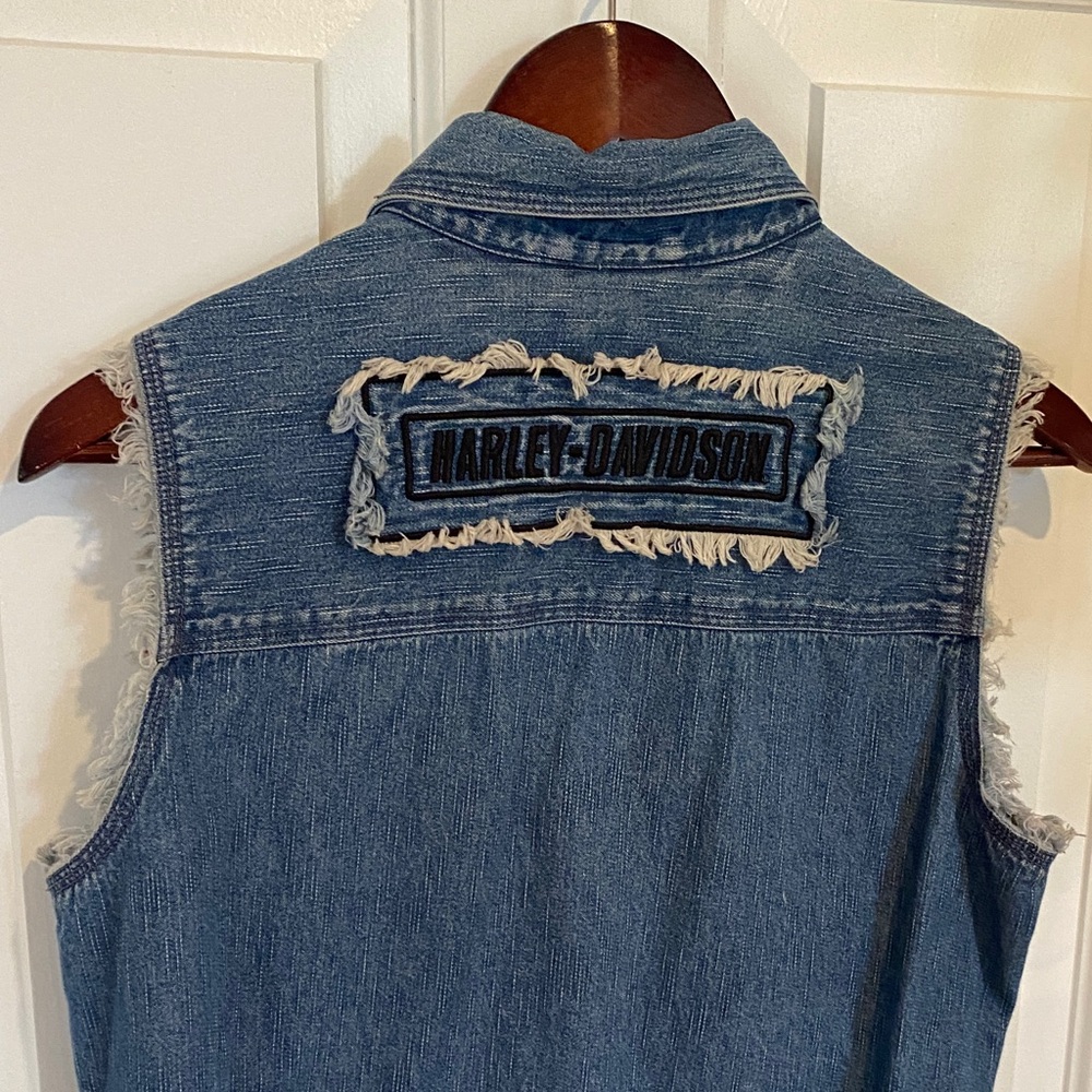 Harley-Davidson Women’s Blue Denim Vest with logo and raw hem snap buttons
